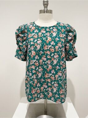 Pleione Green Floral Puff Sleeve Blouse